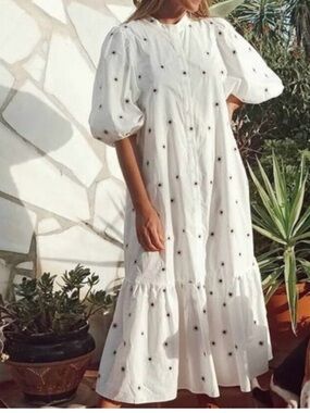 Zara White Midi Button-Front Dress with Black Dot Embroidery